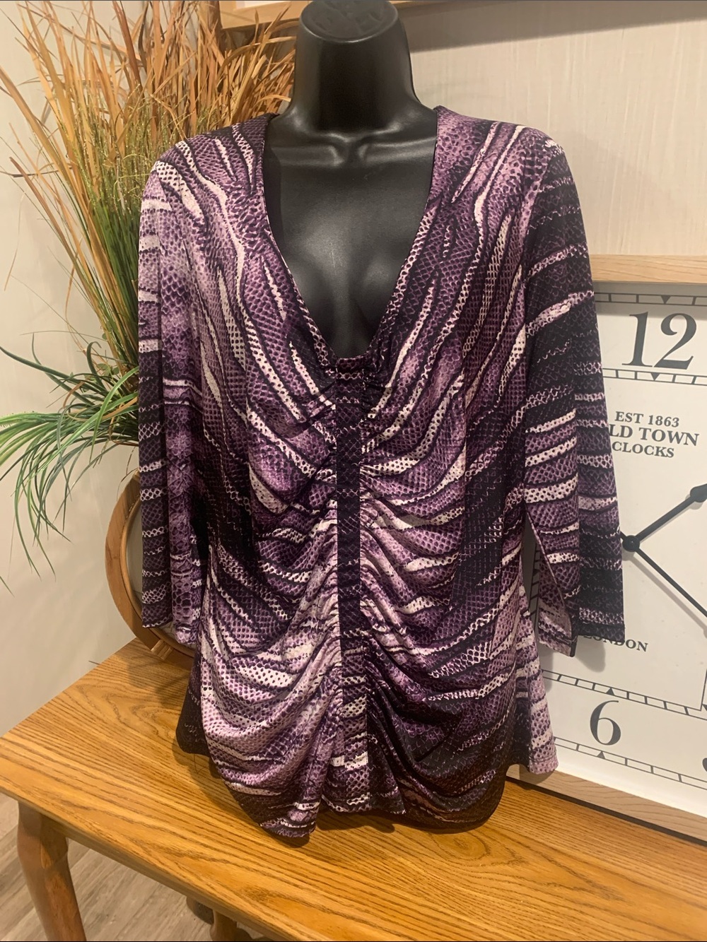 Purple Patterned V-Neck Ruched Blouse